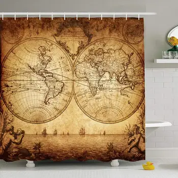 

Shower Curtain Set with Hooks 66x72 Pattern Texture Frame Vintage Decoupage Manuscript Map World 1733 Page Europe Aged Science