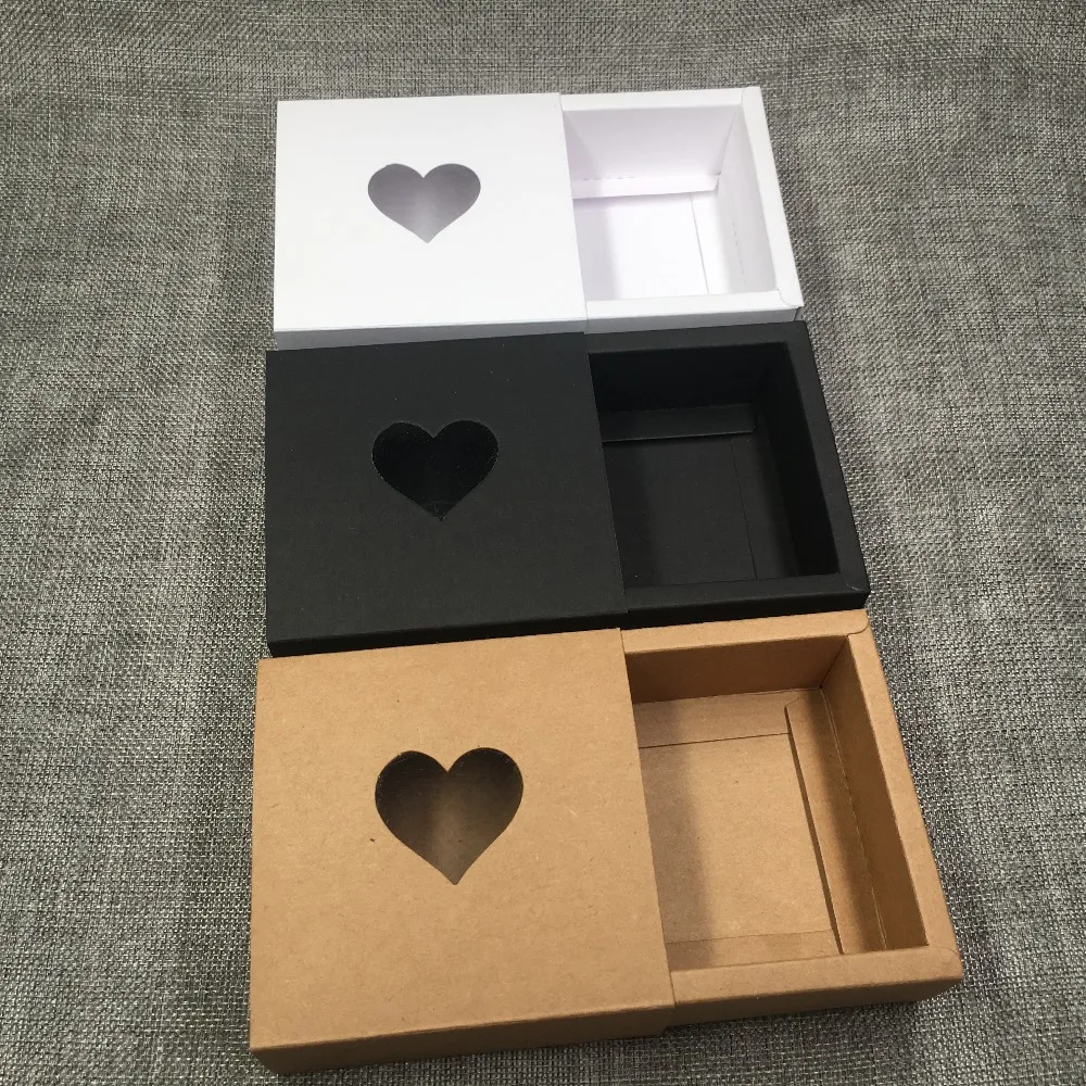 

50 pcs Kraft Drawer Box with PVC Heart Window for Gift\Handmade Soap\Crafts\Jewelry\Macarons Packing Brown Paper Storage Boxes