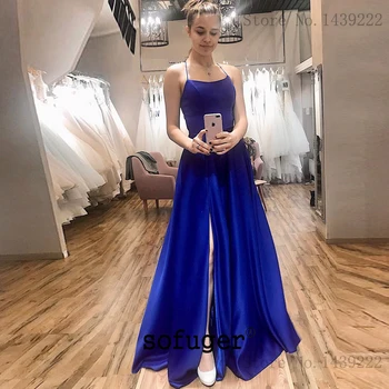 

Royal Blue Satin Strap Long Evening Dresses Prom Sexy Backless Aline Slit Arabic Muslim Special Occasion