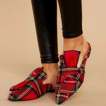 

SHENGY British Pattern Flat Sandals Butterfly-knot Shallow Pointed Toes Sexy Party Office Shoes