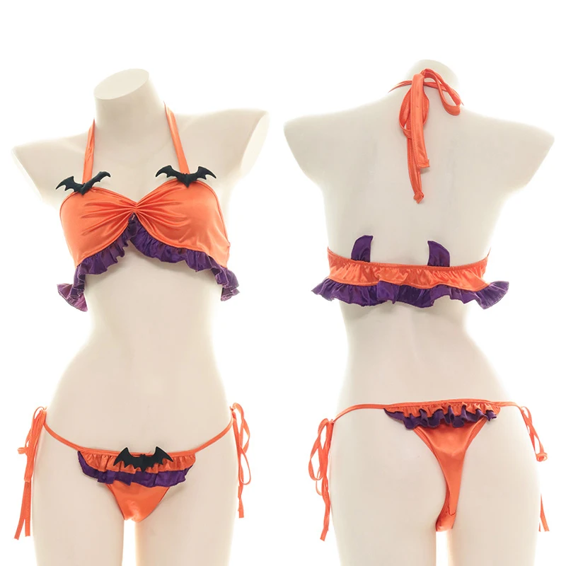 Lolita Girls Halloween Cosplay Cute Little Devil Pumpkin Ruffle Bikini Sleepwear Style Tie Side Two Piece Swimsuit Drop Ship |