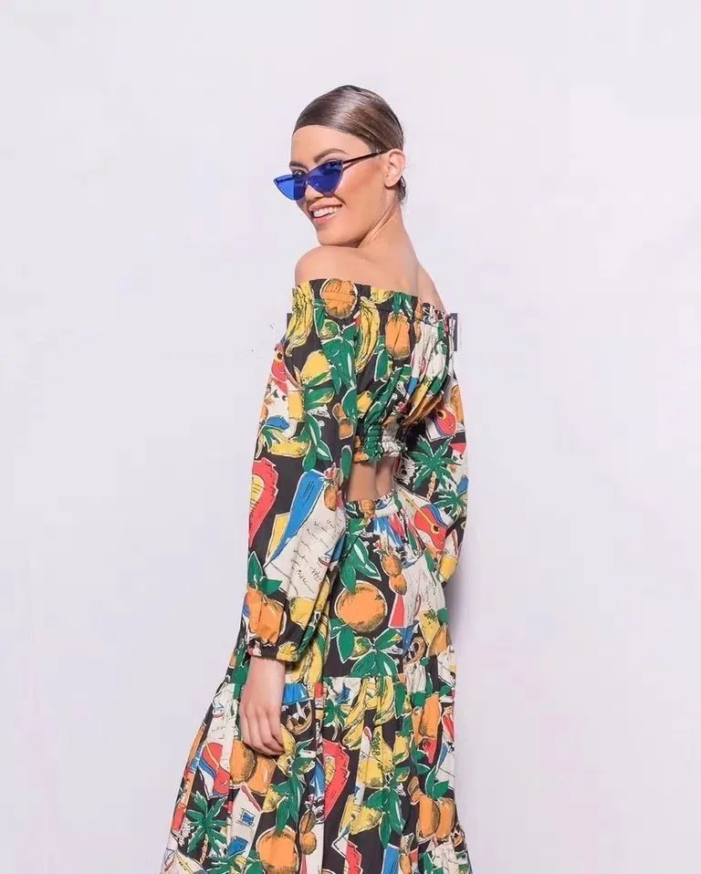 DEAT новая весенняя и летняя модная женская одежда с открытыми плечами и короткими рукавами, комплект из топа с принтом и длинной трапециевидной юбки WK252