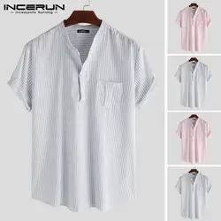 Мужская рубашка полосатый воротник-стойка с коротким рукавом дышащий стильный Повседневный пляжный топ Хенли рубашки мужские camisa 2019 плюс