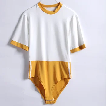 

Women's Contrast Short Sleeved Bodysuit O-Neck White And Yellow Bodysuits For Female 2019 Summer Fashion Sexy Ladies Colthing