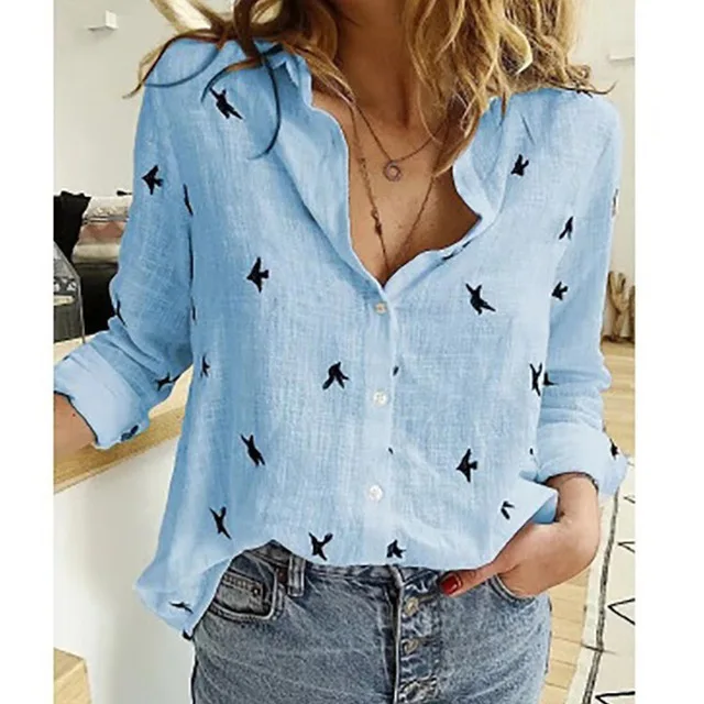 Leisure White Yellow Shirts Button Lapel Cardigan Top Lady Loose Long Sleeve Oversized Shirt Womens Blouses Autumn Blusas Mujer bird bl