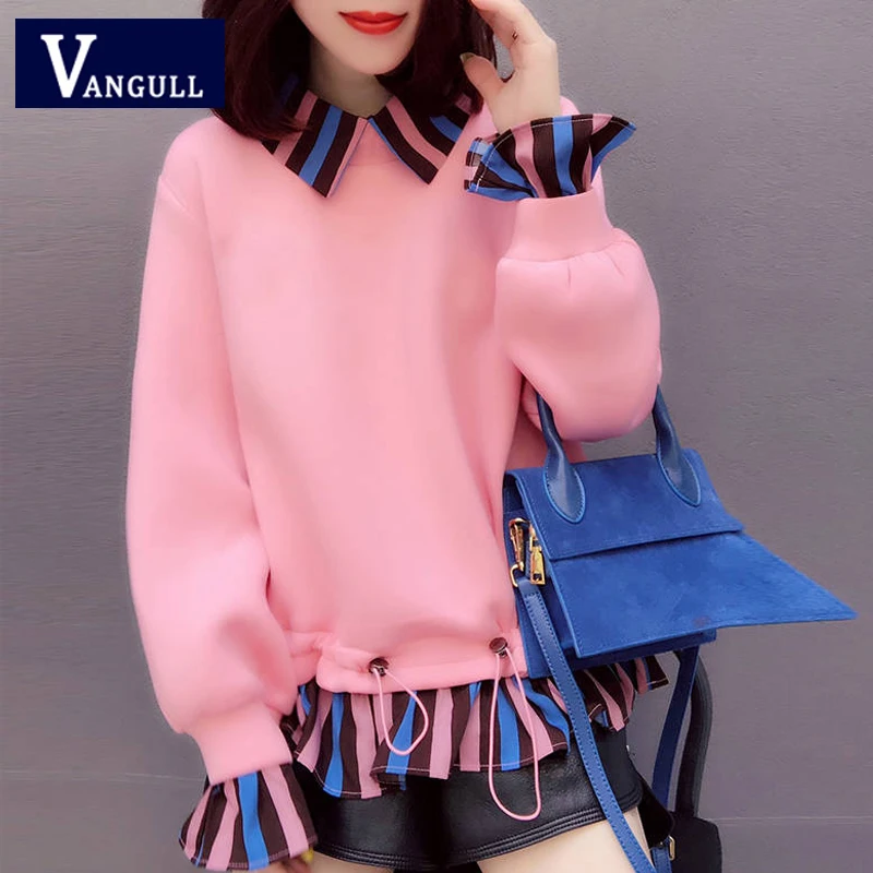

Vangull Winter Hoodies Women Velvet Warm Patchwork Fake two pieces Pullovers 2019 Autumn Casual Long Sleeve Thick Pink Hoodies