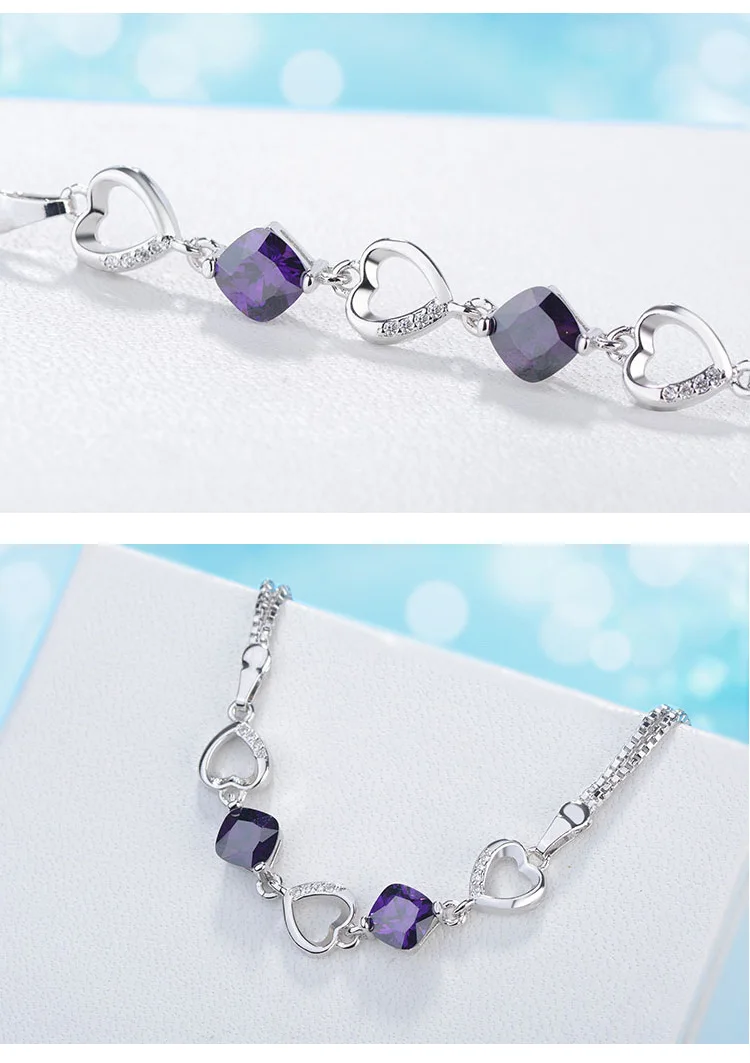 Heart Connected Charm Bracelets Women Fine Real Silver Double Bracelet 925 Sterling Silver Original Jewelry Purple Stone Zircon