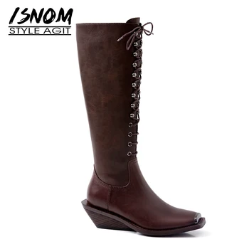 

ISNOM Western Boots Women Mid-Calf Boots Woman Cow Leather Cowboy Shoes Female Wedges Heels Wood Rivet Metal Toe Shoes Ladies