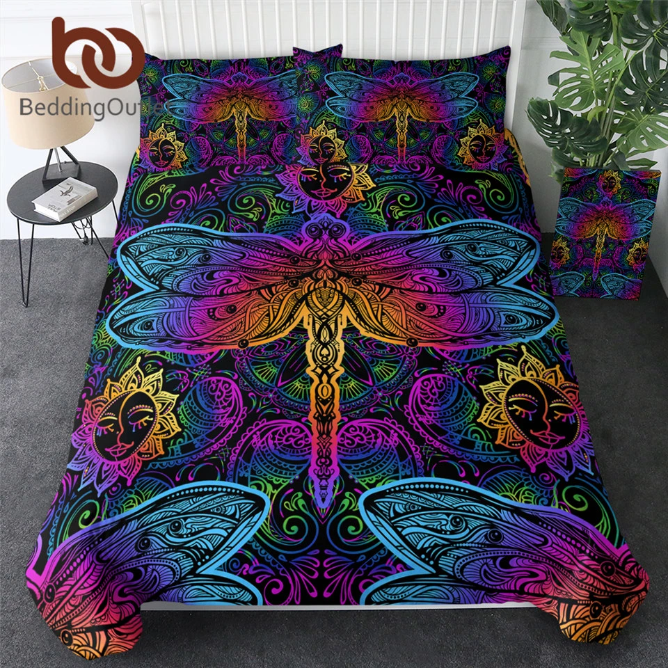 Juego de ropa de cama con diseño de libélula, conjunto de funda nórdica con estampado de flores de Paisley, Textiles coloridos para el hogar, ropa cama con Mandalas el