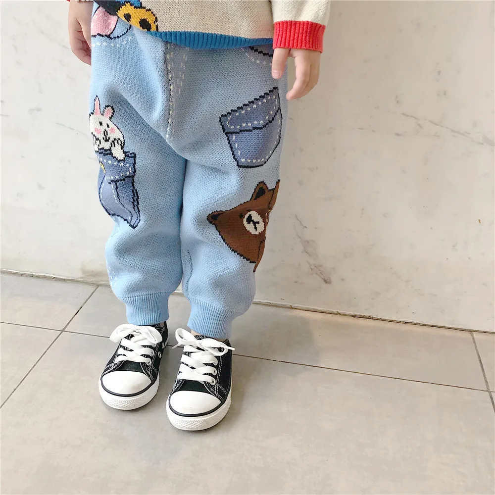 Tonytaobaby/Новинка; осенне-зимняя одежда для мальчиков и девочек; детские штаны из чистого хлопка с кроликами и медведями