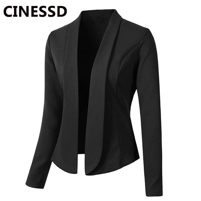 

CINESSD Women Blazer Coats Solid Casual Long Sleeve Suits Turn Down Collar Navy Blue Slim Office Lady 2020 Business Suit Jackets