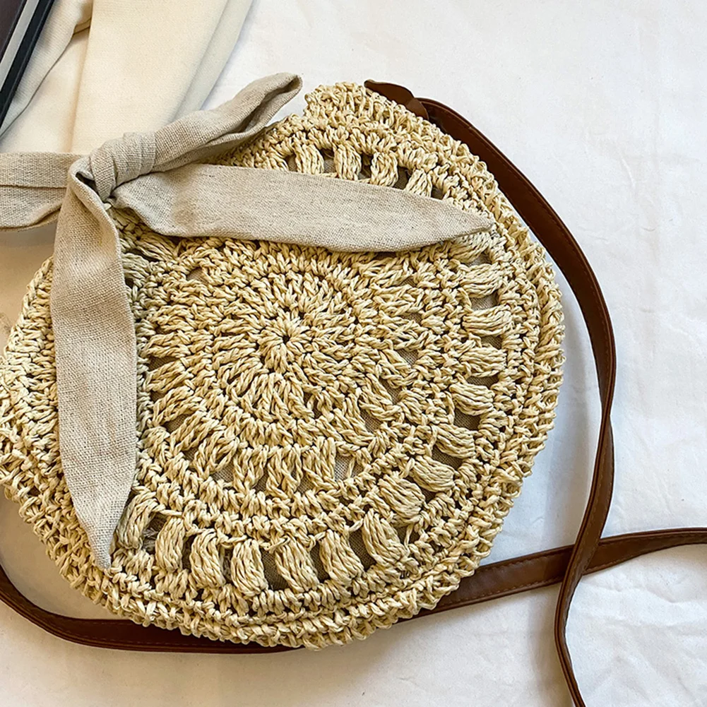 Women Fashion Spring Summer Beach Hand-woven Straw Bowknot Shoulder Messenger Bag Ladies Casual Vintage Weave Crossbody Handbag
