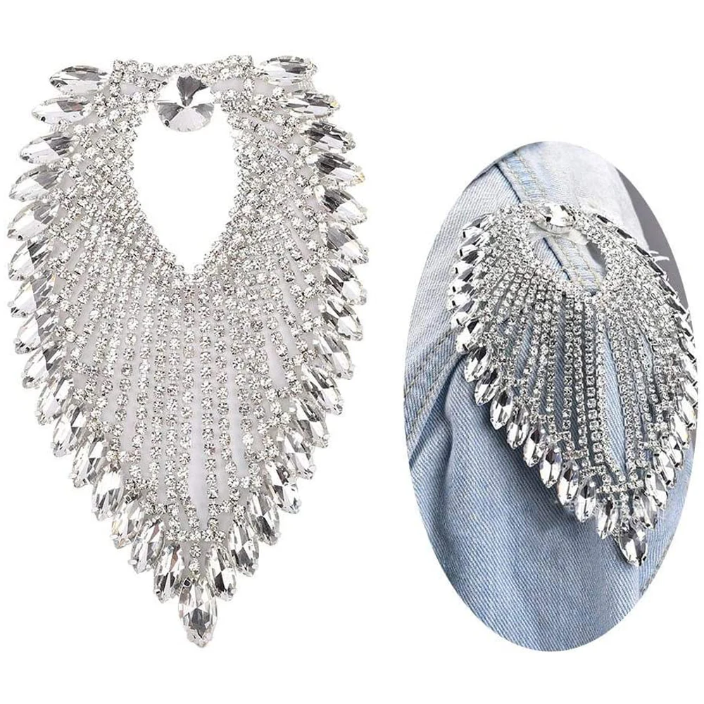 Sew On Epaulette Shoulder Tassel Applique Clear Crystal AB Rhinestone Applique Wedding Dress Decoration