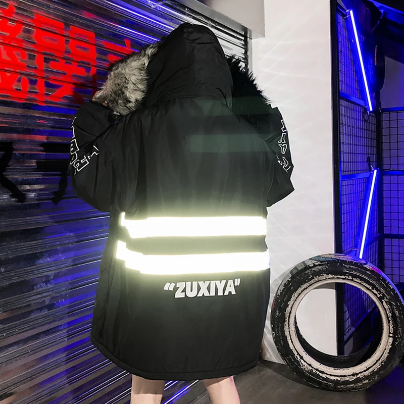 90% OFF Hip Hop Fur Collar Parkas Men Women Streetwear Thick Winter Jacket Coats Reflective Strip Loose Parka Couples Oversize DG543