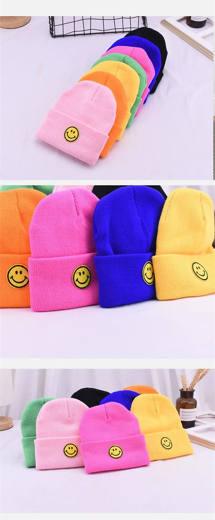 Korean Candy Color Kids Knitted Yarn Hat Autumn Winter Warm Lovely Smiley Face Pullover Baby Skullcap Girl Boy Beanies Soft Caps blue skully hat