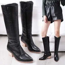Женские сапоги до колена из искусственной кожи ковбойские сапоги на танкетке высокие сапоги с острым носком на высоком каблуке осенне-зимние женские ковбойские ботинки MAZIAO