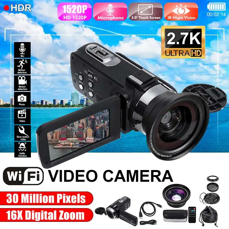 

2.7K HD Camcorder Video Camera Wifi Night Vision 3.0 Inch LCD Screen Time-lapse Photography Camera 16X Zoom+ Wide-angle Lens
