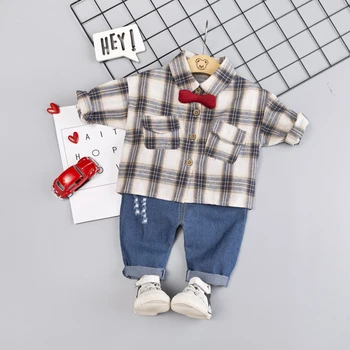 

Kid 6Baby Boy Clothes 0-4T Autumn New Plaid Pattern Toddler Boys Sets Gentleman Style Shirt Jeans 2 Pieces Children's Sets