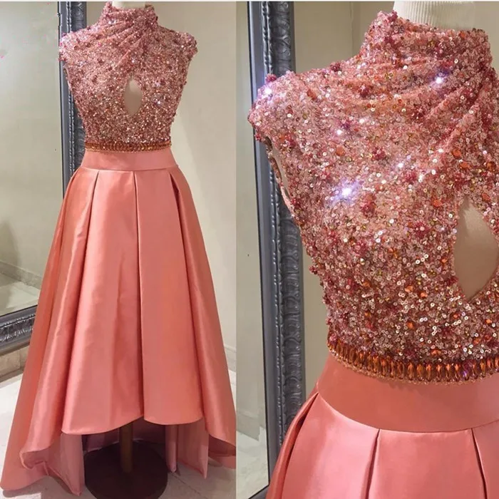 

Stunning Arabic A-line High Neck Sleeveless Beaded Sequin Short Front Long Back Evening gown mother of the bride dresses