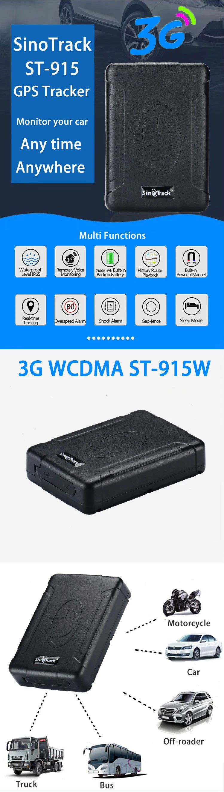 3g WCDMA водонепроницаемый gps трекер ST-915W Локатор Автомобиля Магнит долгое время ожидания 100 дней 7600 мАч в режиме реального времени