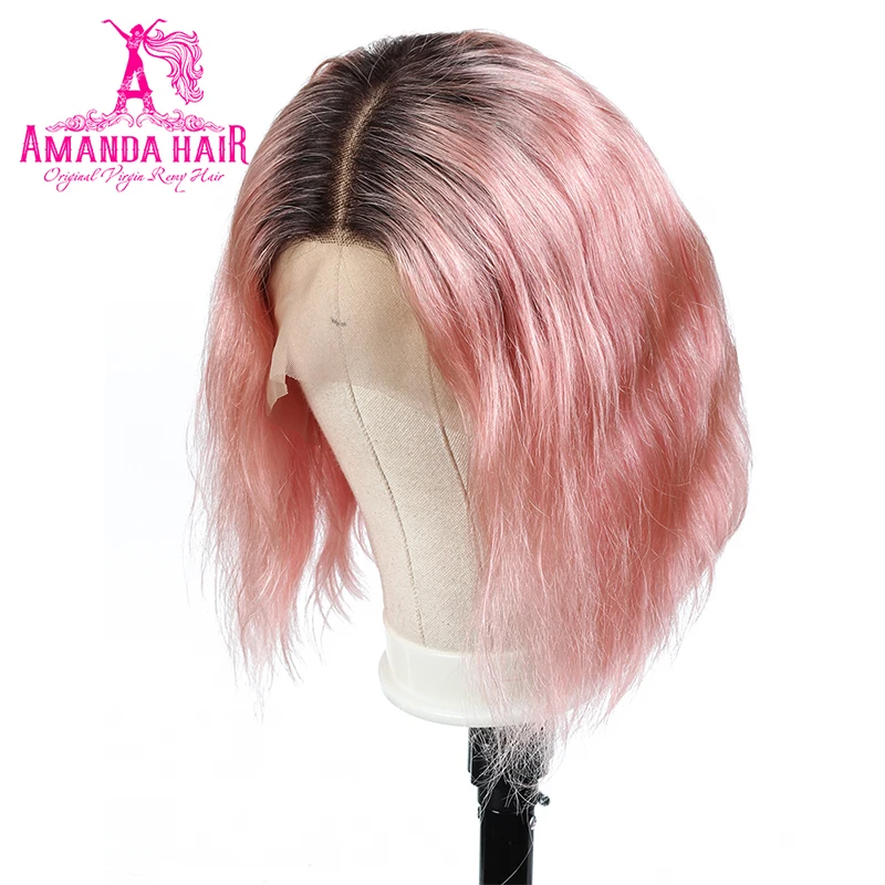 Аманда T1b/розового цвета Ombre BOB парик Синтетические волосы на кружеве человеческие волосы предварительно вырезанные средняя часть бразильские волнистые волосы парики 13x6