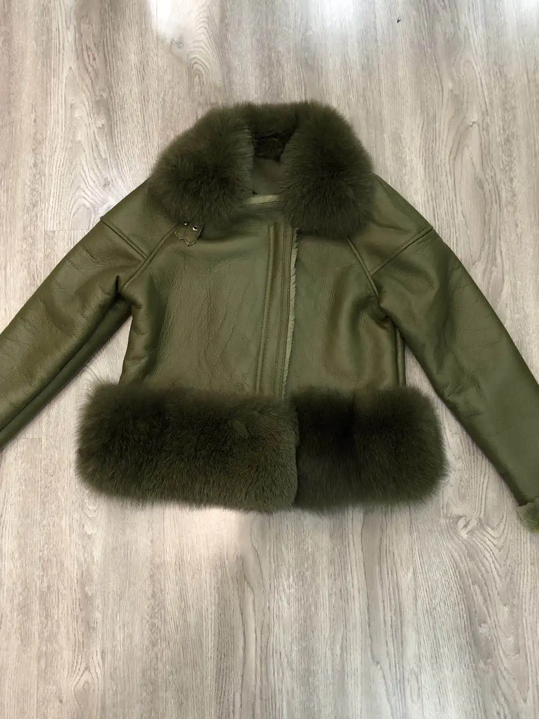 green leather fur Женские куртки и пальто с мехом размера плюс Натуральная Овчина кожаная куртка женские пальто воротник из лисьего меха и низ из настоящей овцы - Цвет: green leather fur