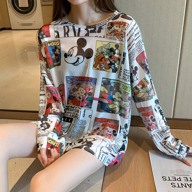 Disney 2021 Summer Famous Anime Mickey Mouse Brand Mesh Shirt Women Sun Protection Transparent Long Sleeve Blouse Ladies T-shirt
