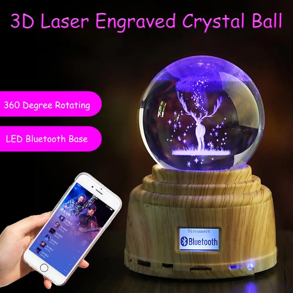 

K9 Crystal Ball Solar System Planet Globe 3D Laser Engraved Sphere with Led Rotary Music Base Birthday Christmas Gifts Ornament