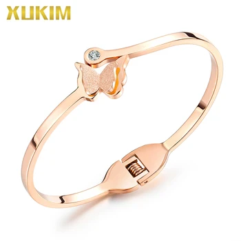 

OBL962 Xukim Jewelry Double Frosted Butterfly Bangle Lady Stainless Steel Art Set With Diamond Temperament Bracelet