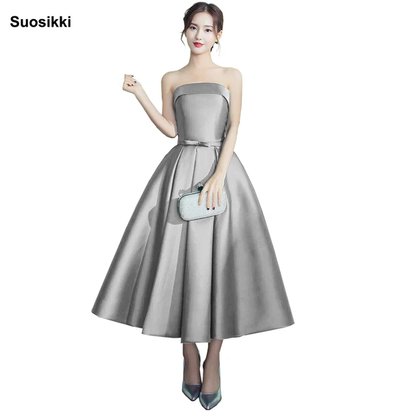 silver Платье для выпускного вечера, вечерние платья трапециевидной формы, Vestido de Festa suosikki, атласные вечерние платья без бретелек - Цвет: silver