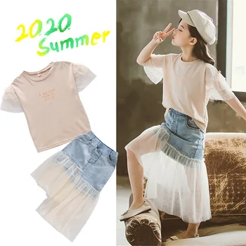 

Fashion Summer Girls Skirts Set Cotton White T-shirts and Lace Patchwork Jeans Skirt Teenage School Girl Clothing Set Cute Suits