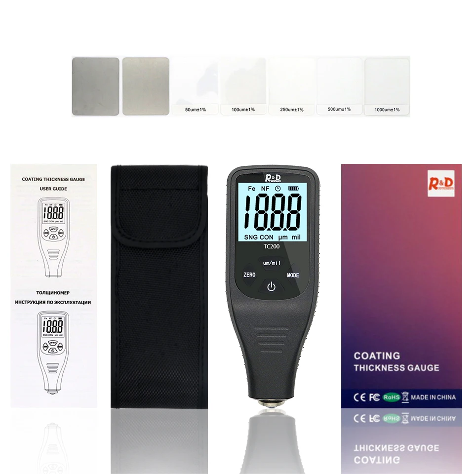 R&D TC200 Coating Thickness Gauge Backlight LCD Film measurement composite Auto Car Paint Thickness Meter with US RU Manual Fe/NF