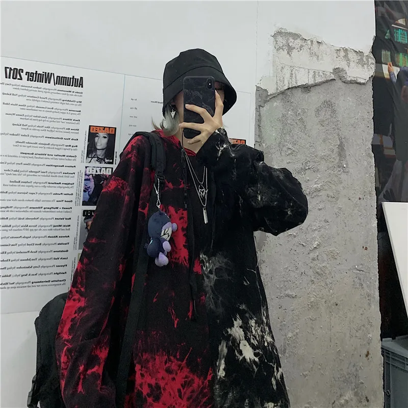 Толстовка женская новая хип-хоп мода tie-dye сшивание половина красный половина белый красивый дикий пуловер женский свободный длинный рукав