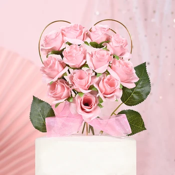 

Cakesmile 1Set Iron Heart Simulated Flower Pink Rose Cake Topper Happy valentines Decoration Girlfriend Kids Baby Shower Party