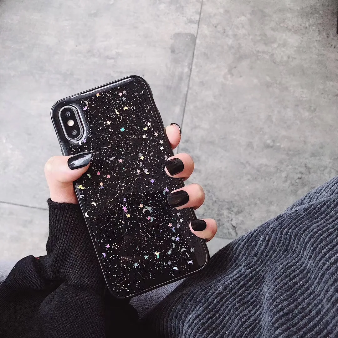 Для Apple iPhone 11 Pro 6 6s 8 7 Plus XR 10 X XS Max 5S крышка блеск Bling Star Луны блестками Мягкий ТПУ прозрачный силиконовый чехол для телефона - Цвет: Black