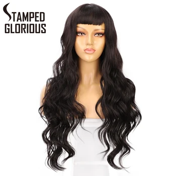 

Stamped Glorious Black Wavy Wig with Bangs Long Synthetic Wigs for Women Natural Wave Hair Heat Resistant Firber Wigs Daily Wear