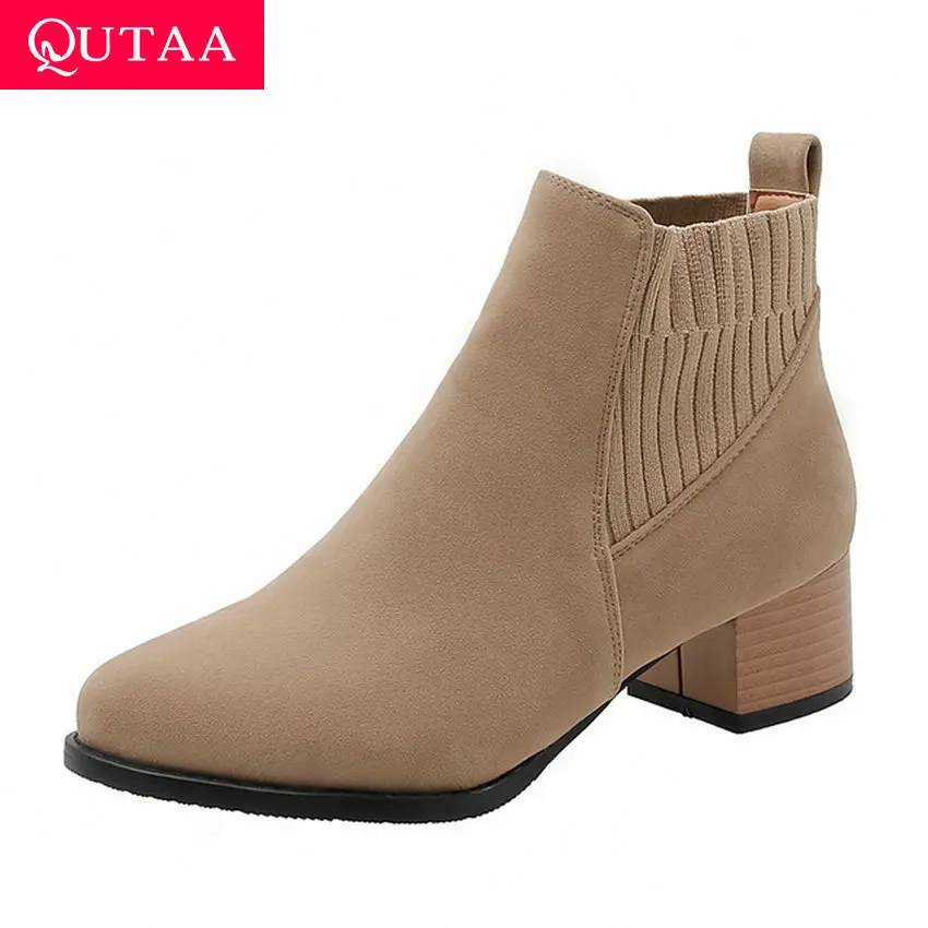 

QUTAA 2020 Flock Slip on Autumn Winter Concise Women Shoes Round Toe Fashion Square High Heel Warm Fur Ankle Boots Size 34-43