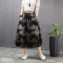 Art Elastic Waist Floral Skirt Mid-Calf Autumn Spring Bud Jupe femme Mori Girls All-Match Denim Jeans Skirts High Quality Pocket