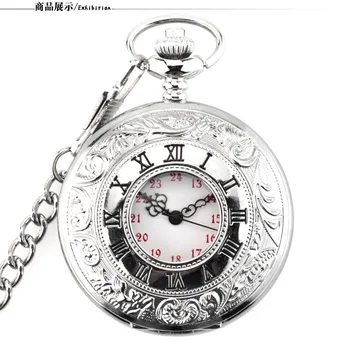 

Vintage Silver Unisex Fashion Roman Number Quartz Steampunk Pocket Watch Women Man Necklace Pendant with Chain Gifts