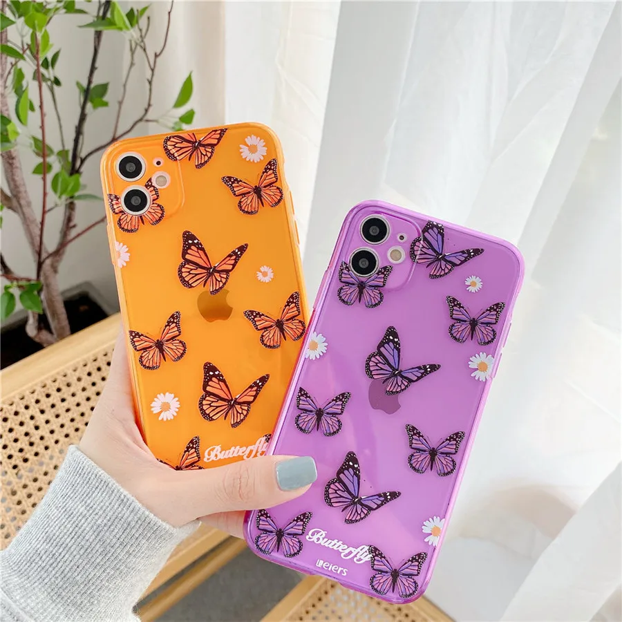 

For iphone 11 Pro Max Fluorescent orange purple butterfly Transparent soft phone case for iPhone 7 7plus 8plus X XR XS MAX cover