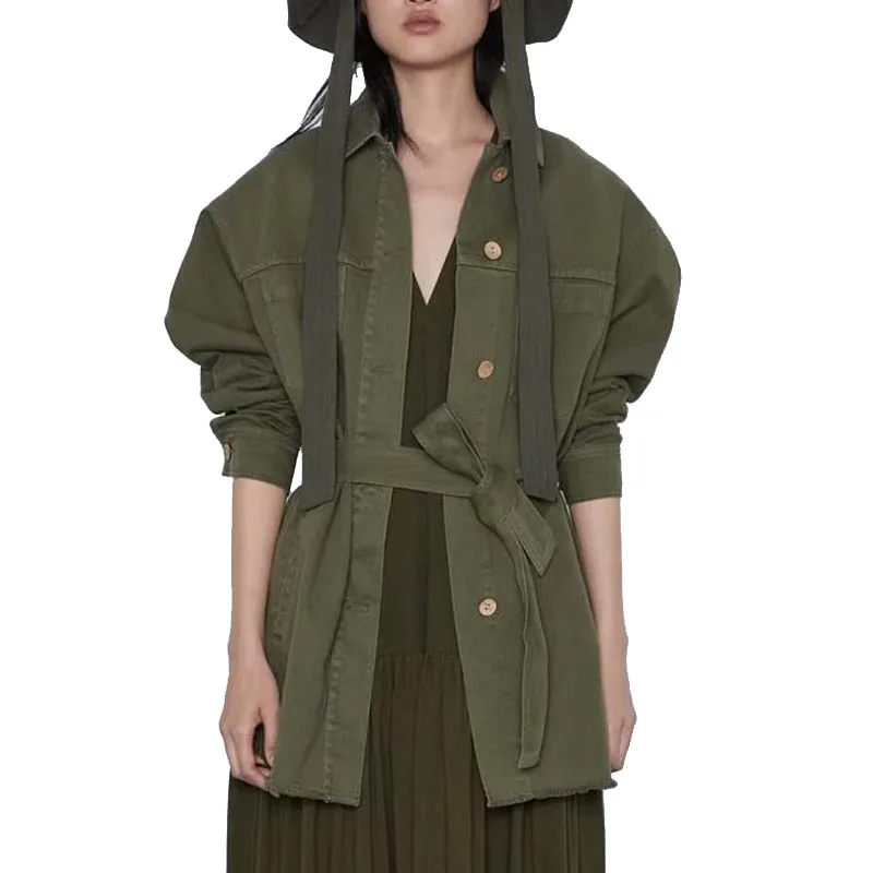 

WT869 Autumn Winter Solid Color Sashes Slim Waist Double Pockets Buttons Ripped Tassels Sweep Jacket Female Casual Cotton Jacket