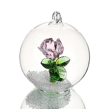 

H&D Pink Crystal Rose Flower Figurines Crystal Craft In a Glass Dome Car Hanging Ornament Xmas Birthday Gifts Home Table Decor