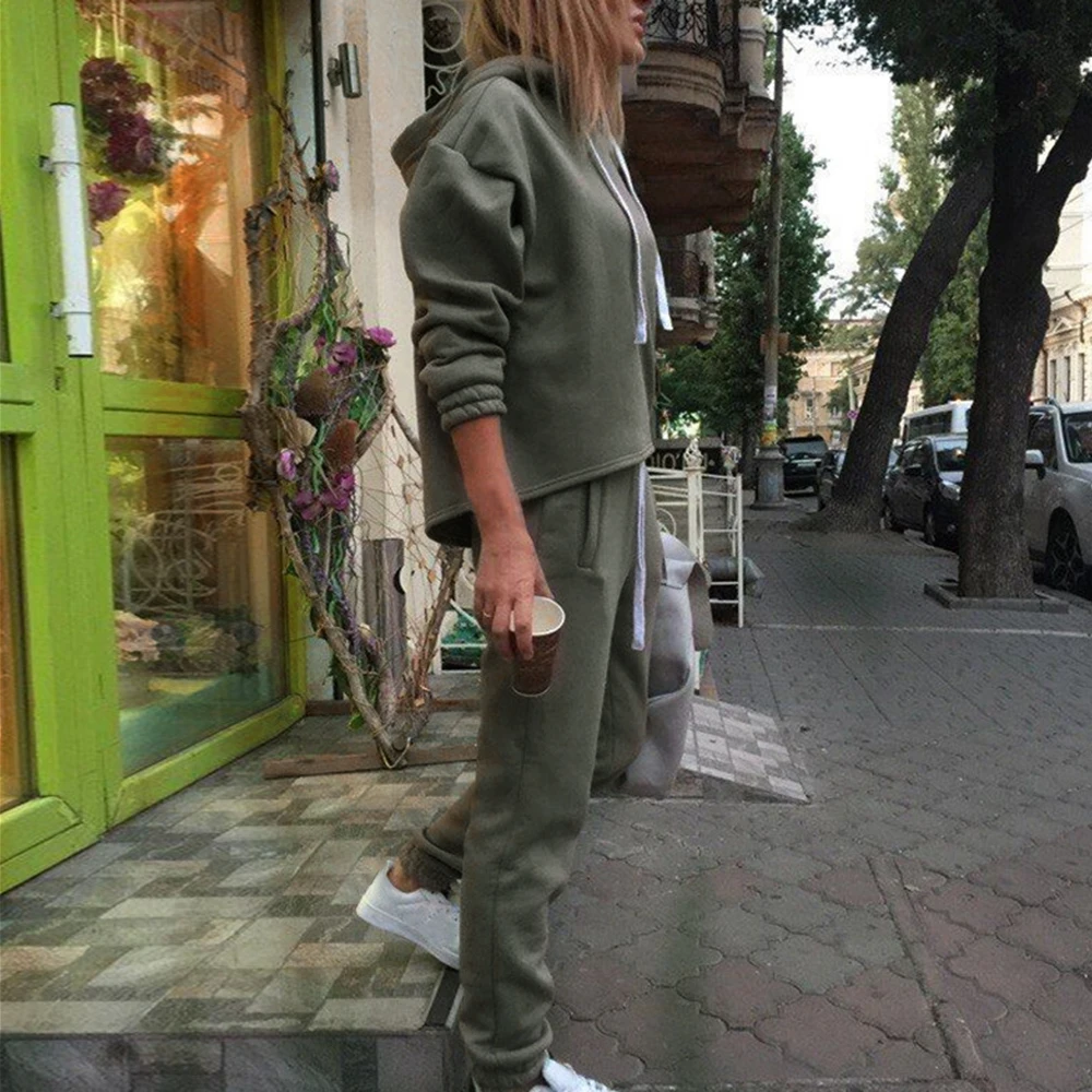 Женский раздельный комплект для бега спортивный костюм с длинными рукавами толстовки повседневные длинные штаны однотонная Толстовка Спортивная женская одежда со шнуровкой