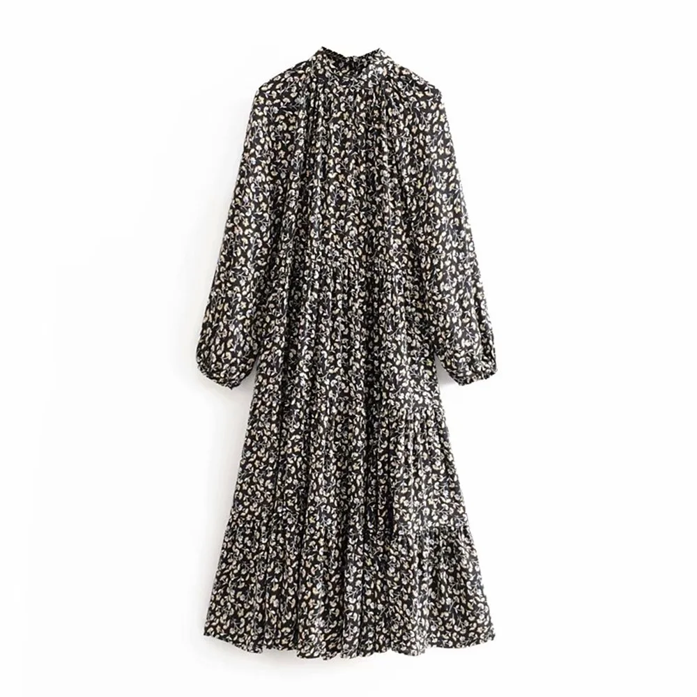 Autumn 2019 women's new stand collar loose pleated laminated decorative dress printed MIDI dress 04886285800 Autumn 2019 women's new stand collar loose pleated laminated decorative dress printed MIDI dress 04886285800