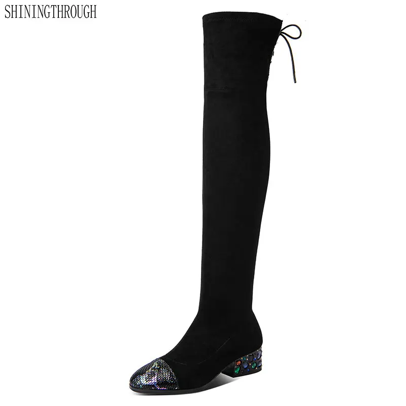

Women Over The Knee High Boots Genuine Leather crystal Wedding Shoes Woman Warm Autumn Winter Socks Boots Big Size 41 42