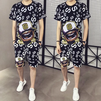 

2020 Summer High Quality Fashion Set Men Tracksuit Slim Fit Outfits Men Set Short Sleeve T Shirt 2 Piece Set Top+short Men