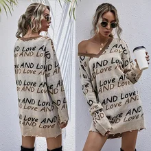 

V Neck Sweater Fall 2021 Women Letter Off-the-shoulder Knitted Sweater Vintage V-neck Long-sleeved Sweater 2020 Fall Fashion XL