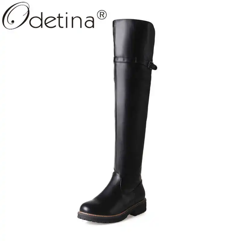 

Odetina Women Fashion Sewing Round Toe Over The Knee Boots Female Winter Retro Block Mid Heel Side Zipper Platform Riding Boots