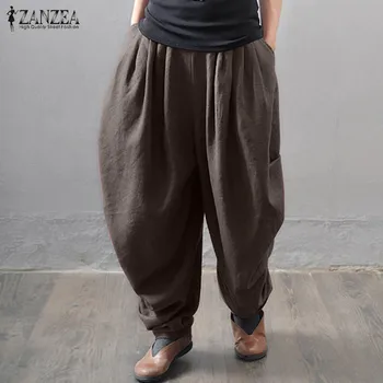 

Plus Size Women's Drop Crotch Trousers ZANZEA 2020 Spring Harem Pants Casual Elastic Waist Long Pantalon Female Solid Turnip