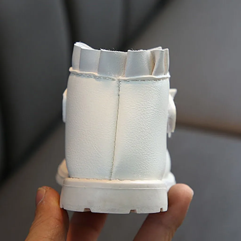 Зимние ботинки из искусственной кожи для малышей; однотонные теплые короткие ботинки на плоской подошве с бантом для девочек; повседневные ботинки; мягкие ботинки для маленьких девочек